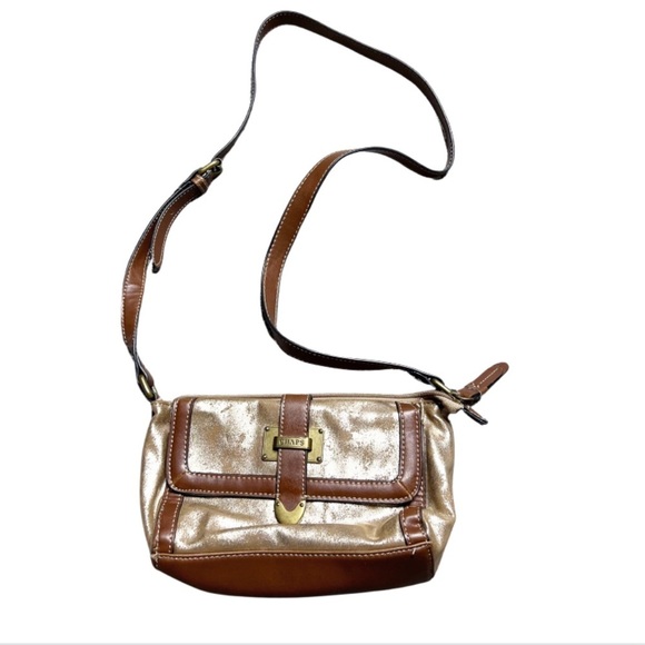 Chaps Metallic Gold Brown Faux Leather Zip Crossbody Bag Functional Stylish Bag - Picture 2 of 16